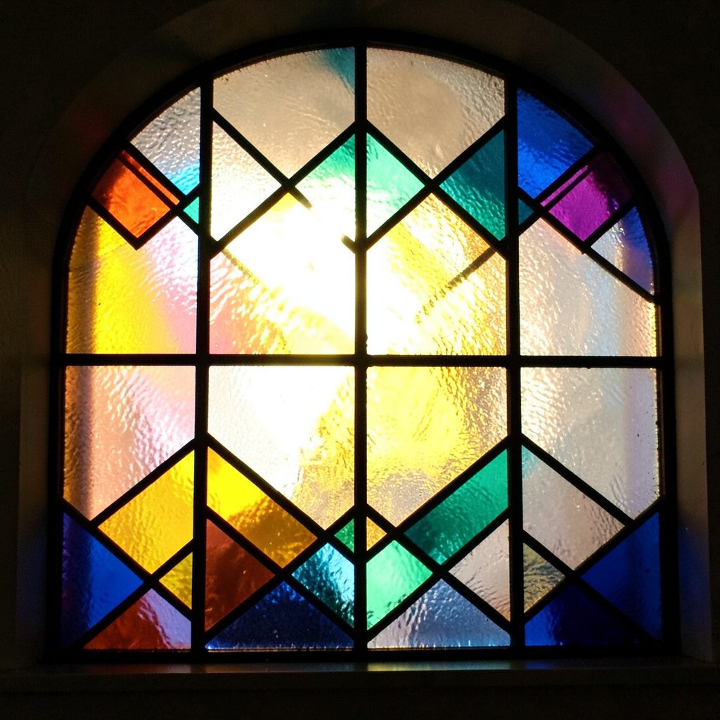 A stained-glass composition of layered geometric shards in deep teal, emerald, and mint green, with bold leaded black outlines and scattered hot-pink and gold fragments catching light.