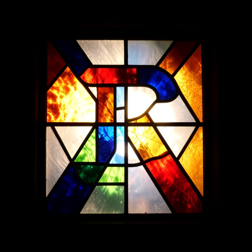 A bold stained-glass style logo mark with deep teal and emerald segments outlined in thick lead lines, glowing mint-green highlights, and a small hot-pink accent shape at its center.