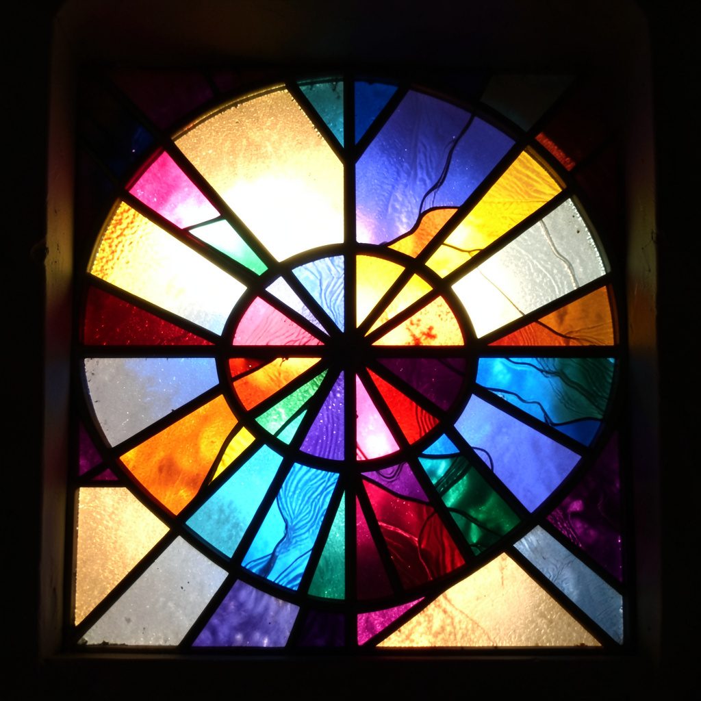 Stained-glass composition of layered geometric panels in deep teal, hot pink, and gold, evoking structured learning pathways