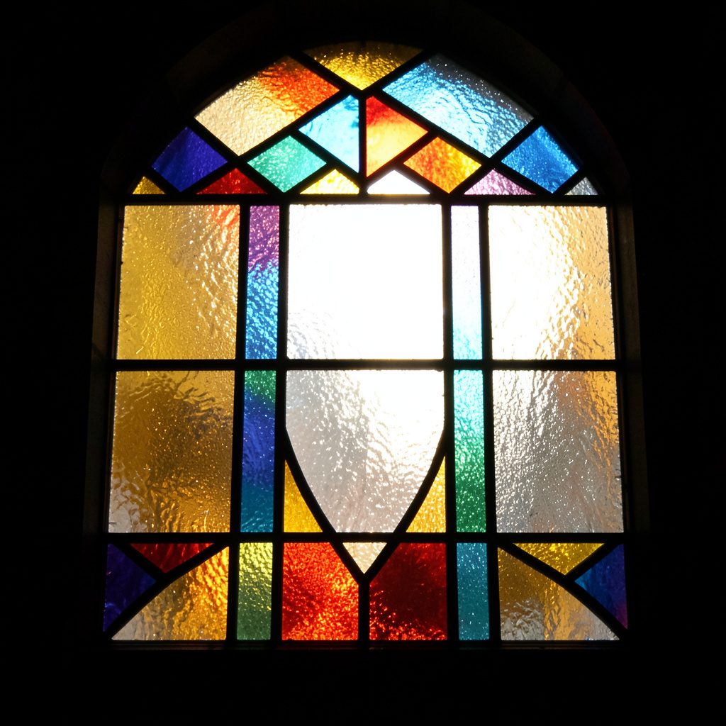 A stained-glass panel of flowing teal and mint streams with bold black leading, small coral and gold nodes punctuating the composition, suggesting event-driven data pipelines.